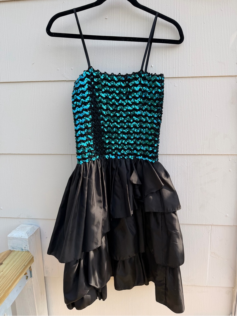 1980s Vintage Black & Teal Sequin Bodice Midi Dress Size Small Medium Retro Punk